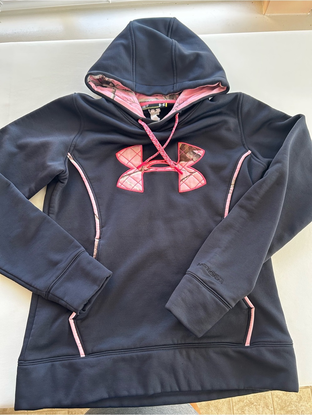 Under Armour Navy Hoodie with Pink Logo & Trim